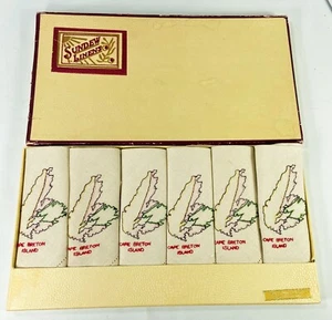 Sundew Set Of 6 Embroidered Linen Tea Napkins Cape Brenton Island VTG Boxed 1944 - Picture 1 of 9
