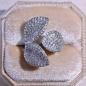 18k White Gold Plated Leaf Adjustable Ring made w Swarovski Crystal Stone - Picture 1 of 15