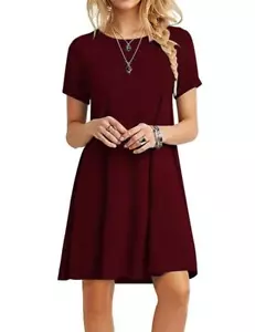 MOLERANI Women's Casual Plain Simple T-Shirt Loose Dress(Wine Red,L) - Picture 1 of 4