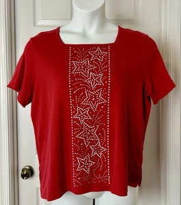Alfred Dunner Patriotic Red Star Studded Top Womens Petite Large PL July 4th - Picture 1 of 17