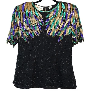 Vintage 80s 90s Lawrence Kazar Beaded Sequin Top 100% SILK Gold Black Purple - Picture 1 of 8