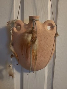 Southwest Art Pottery Hanging Ceramic Canteen With Feathers Textured Clay Decor - Picture 1 of 10
