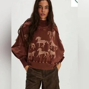Free People Gaia Felpa Donna M Boho Cavalli Oversize Accogliente Marrone Casual - Foto 1 di 9