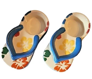 2 Yankee Candle Flip Flop Tea Light Votive Holders Blue Floral Ceramic Party - Picture 1 of 8