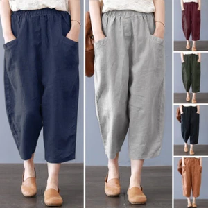 US STOCK Women Cotton Wide Legs Vintage Harem Pants Casual Holiday Long Trousers - Picture 1 of 16