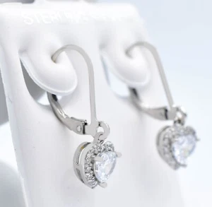 LAB CREATED 1.74 Cts WHITE SAPPHIRE HEART DANGLING EARRINGS .925 Silver - NWT - Picture 1 of 6