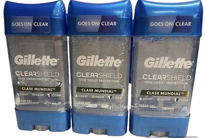 3x Gillette Clear Shield 72hr Sweat Protection Gel Clase Mundial 3.8oz Each - Image 1 of 2
