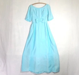 Vtg 60s Blue Formal Gown Cape Back Maxi Prom Bow Cotton Linen Feel Union Tag M - Picture 1 of 14