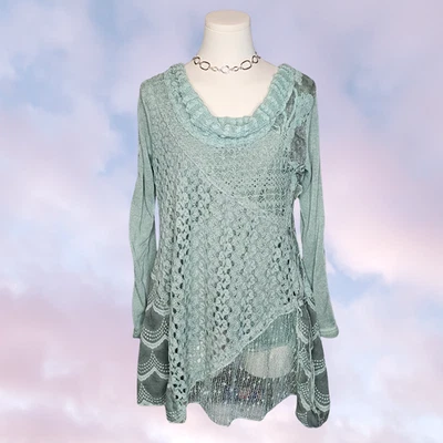 Suéter Top Simply Couture Espuma de Mar Pastel Encaje Crochet Tejido Asimétrico Capucha M Foto 1 de 4