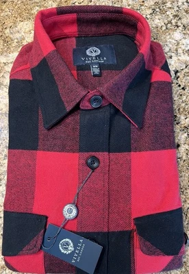 NWT Viyella 100% Cotton Flannel Red&Black Buffalo Plaid M LS 2 Flap Pockets - Image 1 of 4