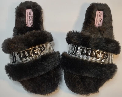 Zapatillas Juicy Couture Negras Piel Sintética Difusa Gravedad Talla 9 Diapositivas Diamantes de Imitación Foto 1 de 4