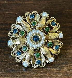 Vintage Florenza Signed Gold Tone Broach Green Blue Rinestones Faux Pearls - Picture 1 of 10