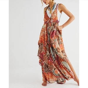 Abito Free People S chiffon Meredith maxi collo alto boho festa costiera contadino - Foto 1 di 16