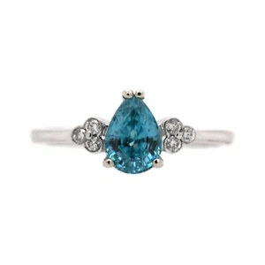 Blue Zircon Pear Shape 1.35 Carat Ring In 14k White Gold  With Diamonds (35828) - Picture 1 of 7