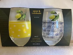 Juego de dos vasos de vino sin tallo de limón 20 oz. Bar de cocina amarillo limón - Imagen 1 de 4