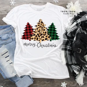 Christmas Tree Graphic Tee Adult 2XL Unisex Buffalo Plaid Leopard Print Tree - Picture 1 of 1