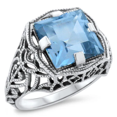 ANILLO DECORATIVO ESTILO ANTIGUO PLATA ESTERLINA 925 3 QUILATES SIM AGUAMARINA 527z Foto 1 de 2