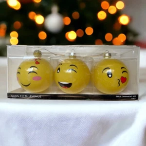 Saks Fifth Avenue Christmas Ornaments Set of 3 Smile Emoji Gently Used Orig. Box - Picture 1 of 6