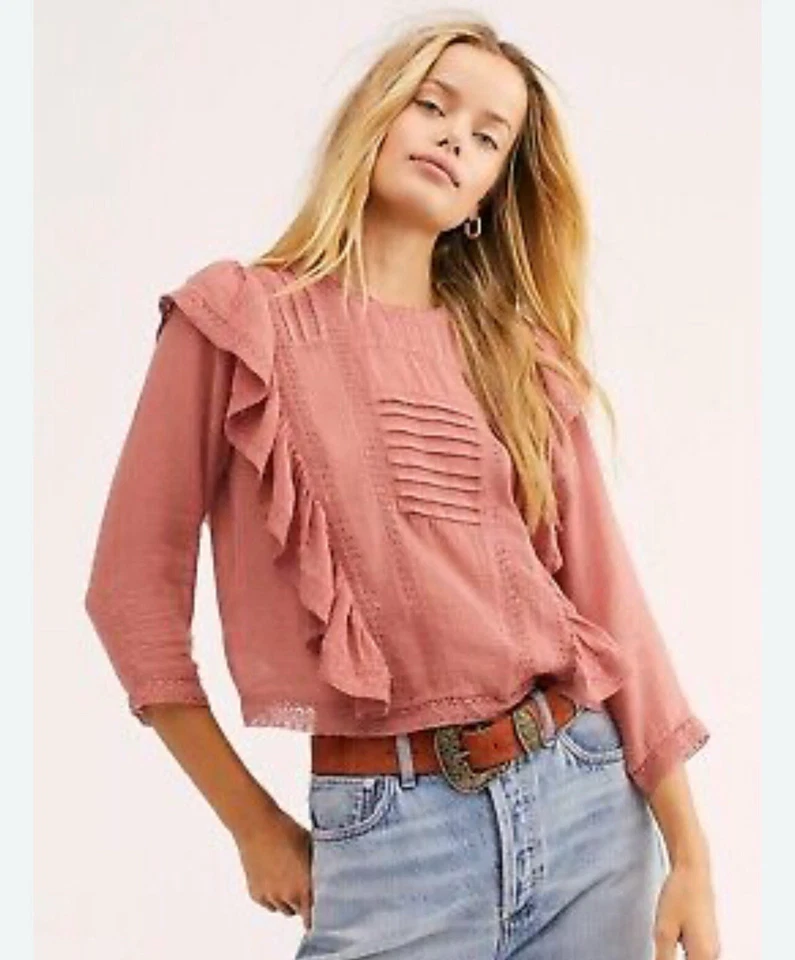 Free People Jasmine Ruffle Lace Boho Peasant Gauzy Victorian Cotton Blouse Sz S - Image 1 of 4