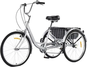 24" Grey Tricycle Commuter 7 Speed 3 Wheel Bike with Basket & Adjustable Seat - Picture 1 of 5