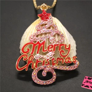 Betsey Johnson pink enamel Christmas Tree Crystal Pendant Women Necklace - Picture 1 of 1