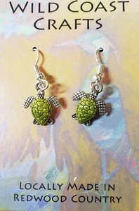Silver Plated and Hand Painted Shell Sea Turtle w/ Surgical Steel Hook Earrings - Picture 1 of 1
