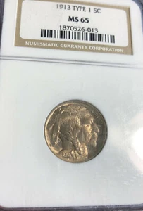 1913  Buffalo Nickel NGC MS65. Type 1. Mound type. - Picture 1 of 10