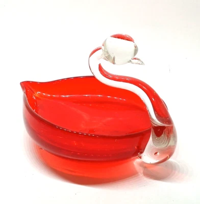 Ruby Red And Clear Glass Swan Dish Ring Candy Trinket Decor 7"  - Image 1 of 4