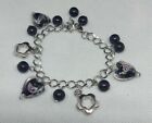 Black glass heart rose flower bead charm bracelet silver coloured fashion 20cm F