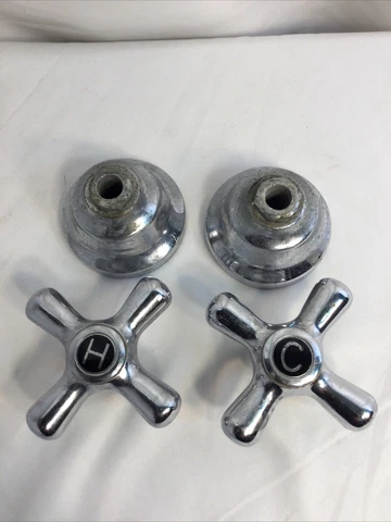 Pair of Vintage Chrome Over Brass Hot & Cold Faucet Handles Cover