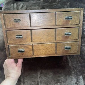 Vintage MCM Wooden Jewelry Box 3 Red Velvet Lined Sectioned DrawersMade In Japan - Picture 1 of 18