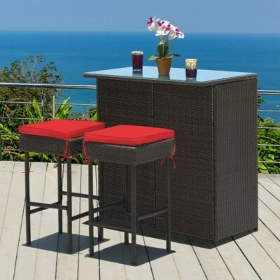 3PCS Patio Rattan Wicker Bar Table Stools Dining Set Cushioned Chairs Garden Red - Image 1 of 4