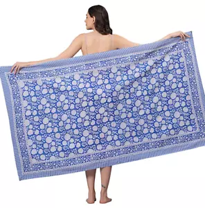 Hand Block Print Swimsuit Cotton Pareo Holiday Blue Beach Bikini Cover Up Sarong - Picture 1 of 7