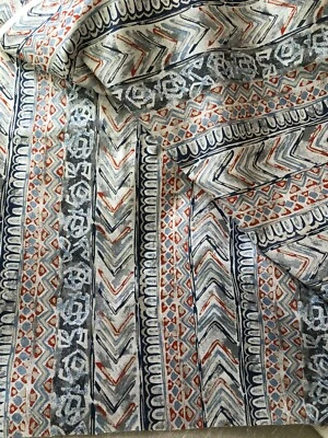 6+ Yards Shades of Blue Red Cream Exotic Boho Striped MAYAR Silk Twill Fabric - Image 1 of 4