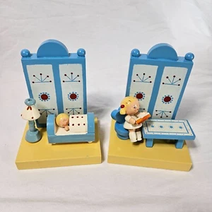 SEVI Book Ends Wooden Set 1960s Vintage Bedtime Reading Scene VTG Rare with Box - Picture 1 of 8