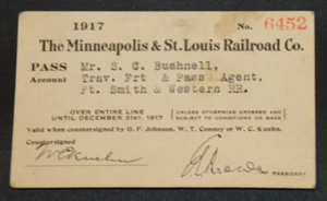 MINNEAPOLIS & ST. LOUIS RAILROAD CO. 1917 pass n. 6452 rilasciato a Ft Smith &W RR - Foto 1 di 2