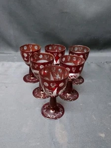 Vintage Engermann Bohemian Fine Crystal Cordial Glasses Ruby Red Etched LOT OF 6 - Picture 1 of 10
