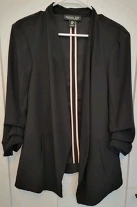 Rachel Zoe schwarzer lässiger Blazer offen gerafft 3/4 Ärmel Taschen Kerbkragen - Bild 1 von 6