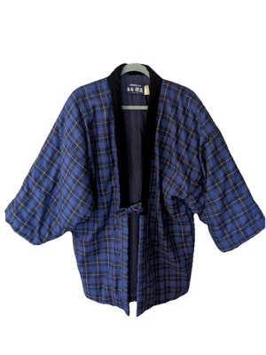 Chaqueta kimono acolchada a cuadros azul vintage japonesa Foto 1 de 4