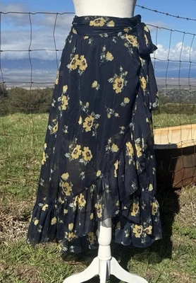 Abercrombie & Fitch Blue Yellow Floral Chiffon Wrap Skirt Ruffle Romantic  Small - Image 1 of 4