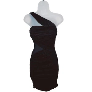 Vintage Y2K Bebe Bodycon Dress Asymmetric Sheer Mesh Side Cut Out Ruched XS Prom - Picture 1 of 13