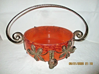 COUPE EN PATE DE VERRE MARMOREEN -SUPPORT FER FORGE- ART DECO -dlg DEGUE MULLER - Photo 1/4