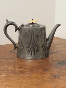 Antique English Pewter Teapot Engraved Decoration, Embossed EPBM Britannia Metal - Picture 1 of 8