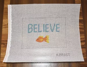 hand painted needlepoint canvas "Believe" gold fish #14 turquoise 4x6" - Picture 1 of 1