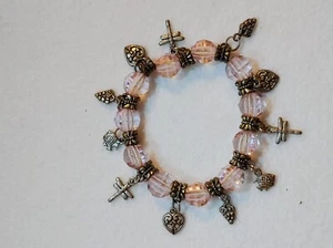 Charm Stretch Bracelet - Acrylic Beads - Silvertone Charms - Picture 1 of 4