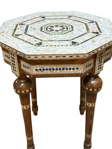 Handmade Wooden End Table Carving Wood Table Home Decor Mother of Pearl Inlay - Picture 1 of 15