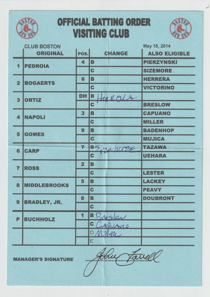 Cartão de programação usado jogo Boston Red Sox 5-15-14 - David Ortiz & Dustin Pedroia - Imagem 1 de 1