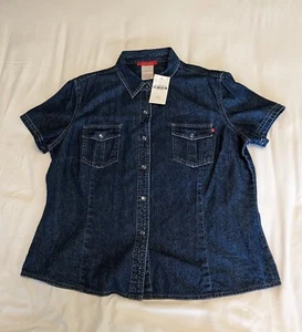 Laura Ashley Denim kurzärmeliges blaues Oberteil mit Kragen Größe 14 US/18 UK Neu mit Etikett - Bild 1 von 21
