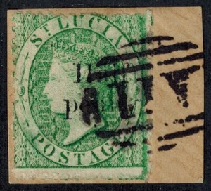St. Lucia 1876 Provisional HALF PENNY on 6d Green USED on Piece w/ A 12 Cancel - Picture 1 of 2