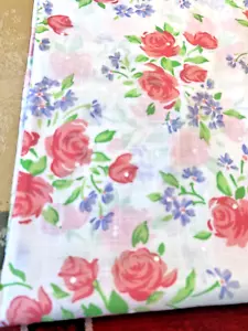 Large pink rosesw/lavender flowers on white slubby sheer fabric, 108" (3yd)Lx45" - Picture 1 of 7